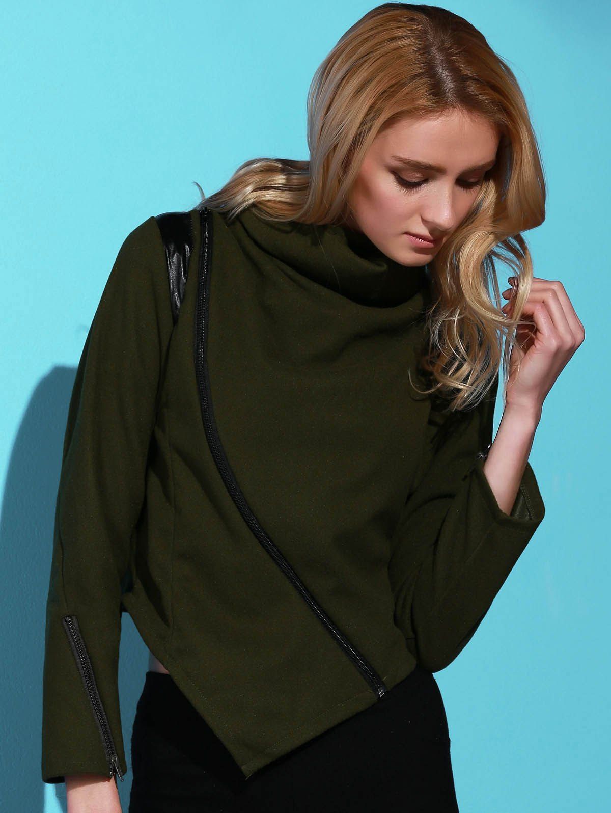 [72 OFF] Stylish Cowl Neck Long Sleeve Zippered Women's Leather Trim