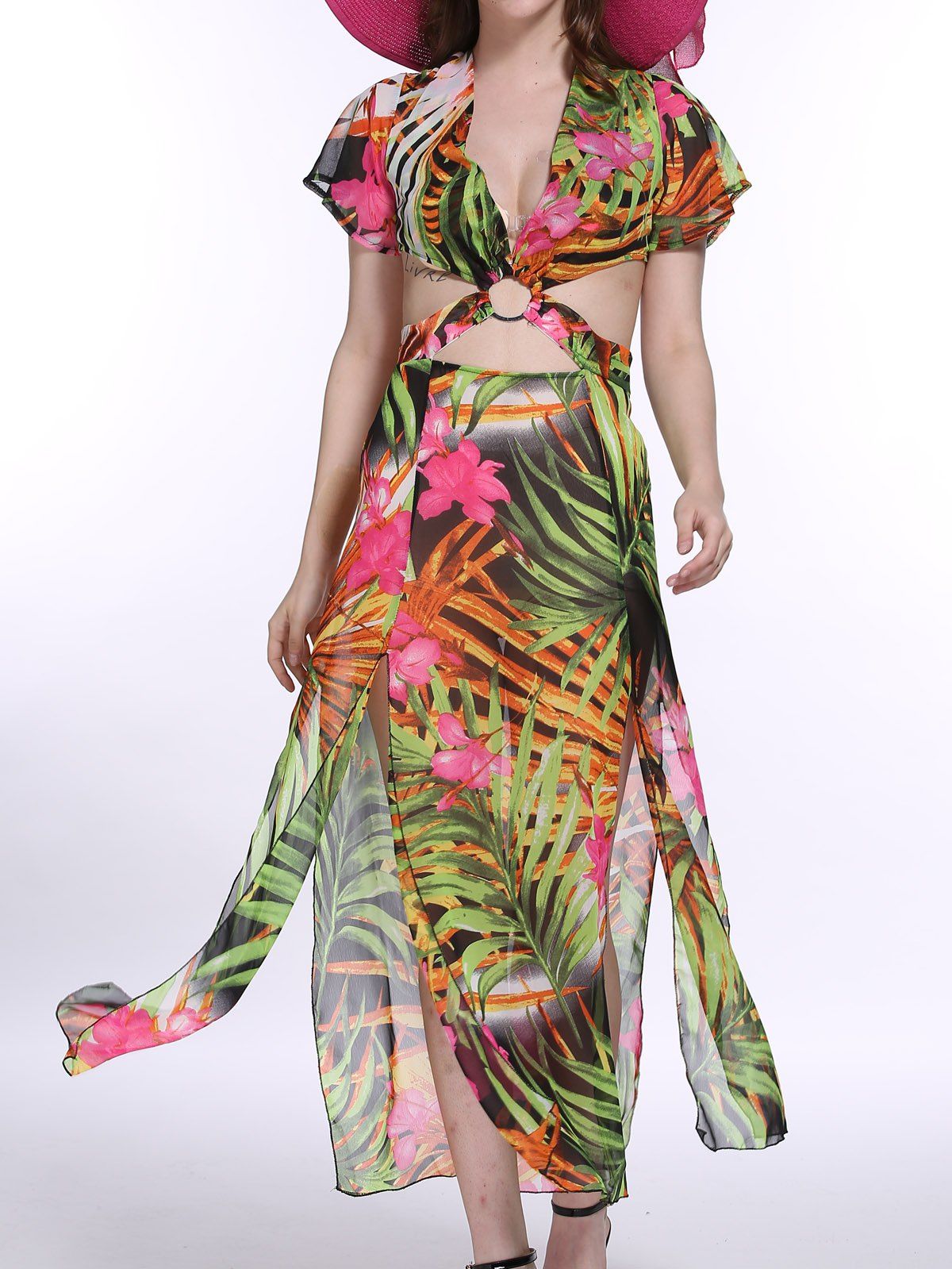 [27% OFF] The Jungle Style Trees Print Hollow Out Waist Maxi Dress For ...