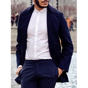 

Knitted Lapel PU Leather Spliced Multi-Button Slimming Long Sleeves Men's Woolen Blend Thicken Peacoat, Cadetblue