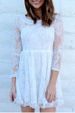 Beaded High Waist Ruffled White Lace Skater Dress with Sleeves -  