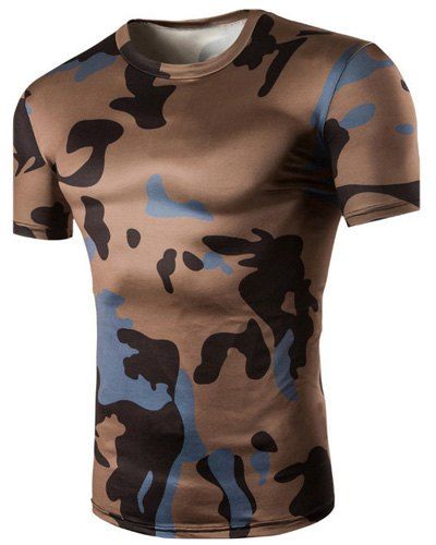 

Camo Print Air Permeable Design Round Neck Short Sleeves T-Shirt For Men, Coffee