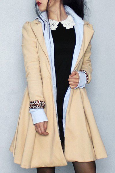 

Noble Turn-Down Collar Long Sleeve Pure Color Self Tie Belt Women's Coat Dress, Khaki
