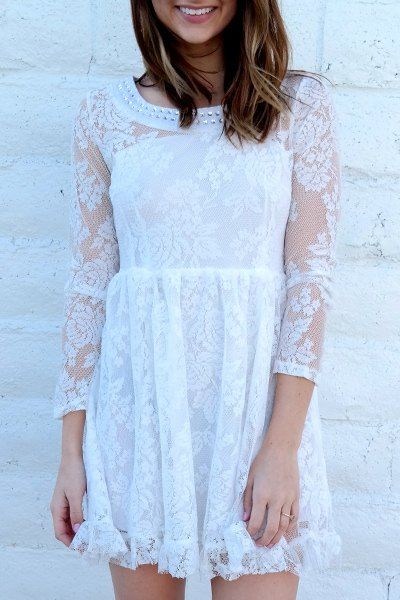 Online Beaded High Waist Ruffled White Lace Skater Dress with Sleeves  