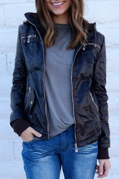 

Chic Hooded Solid Color Detachable Sleeve Faux Leather Jacket For Women, Coffee