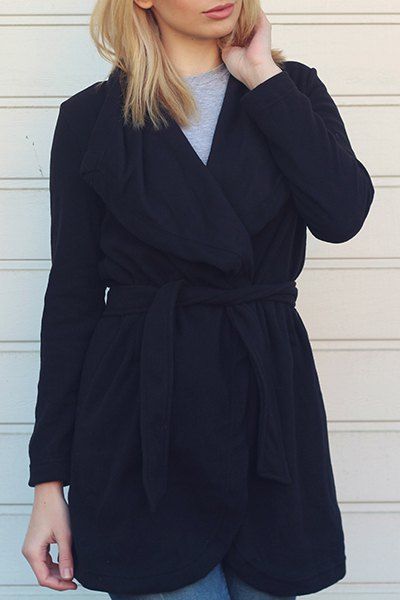 

Chic Turn-Down Collar Long Sleeve Pure Color Irregular Hem Coat For Women, Black