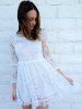 Beaded High Waist Ruffled White Lace Skater Dress with Sleeves -  