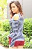 Trendy Scoop Neck Long Sleeve Hollow Out Striped T-Shirt For Women -  