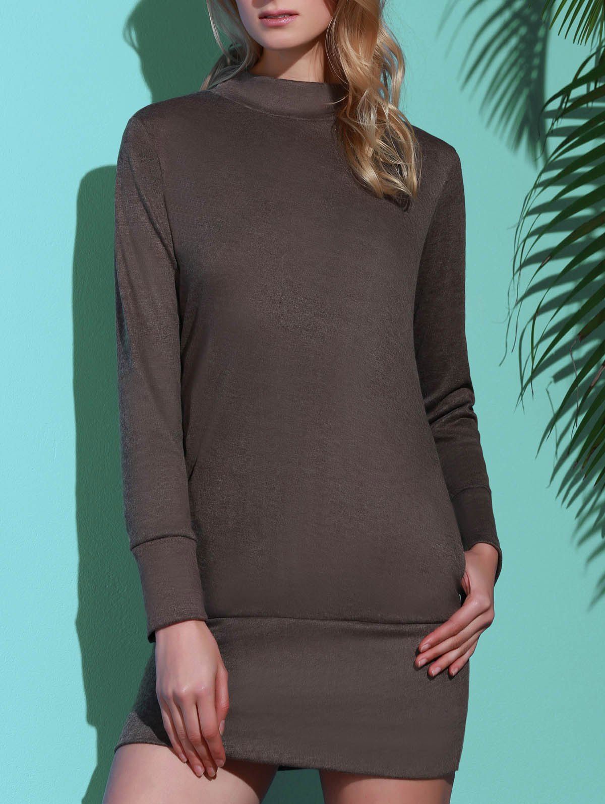 

Long Sleeve High Neck Mini Tight Dress, Gray