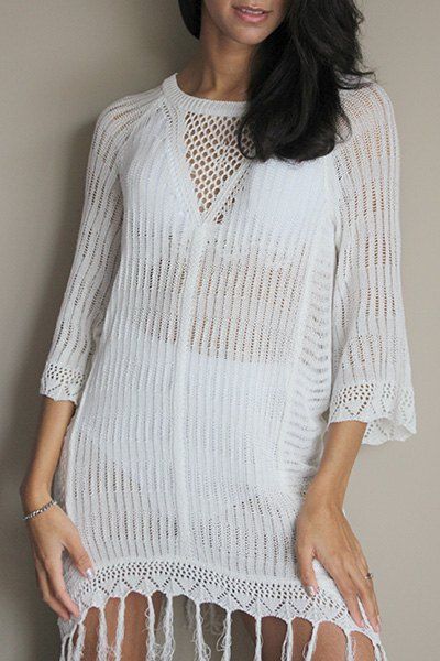 White One Size(fit Size Xs To M) Open Knit Beach Tunic Cover Up Dress | RoseGal.com