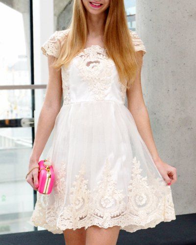 

Lace Insert Short Square Neck Skater Dress, Off-white