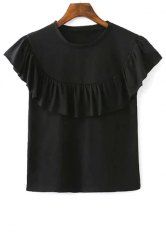 Stylish Round Neck Short Sleeve Solid Color Flounce Ruffles Women's T-Shirt -  
