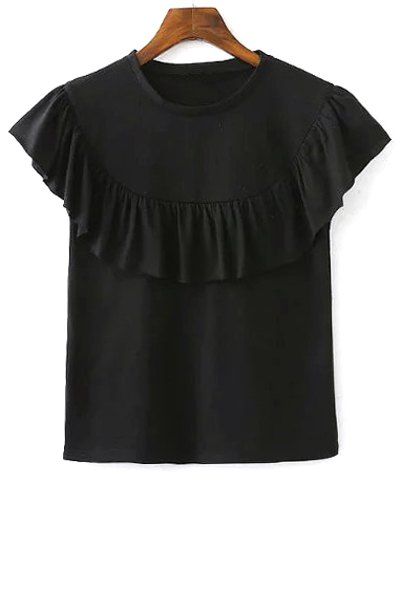 Discount Stylish Round Neck Short Sleeve Solid Color Flounce Ruffles Women's T-Shirt  