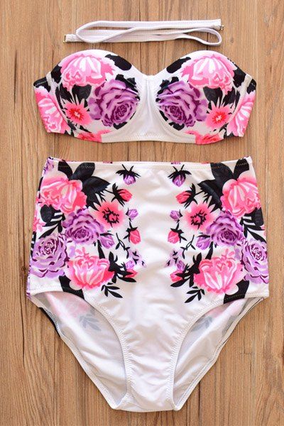 White L Chic Halter High-waisted Floral Print Women's Bikini Set ...