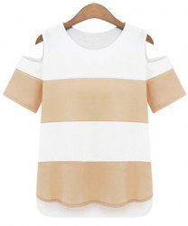 Chic Color Block Striped Shoulder Cut Out Chiffon T-Shirt For Women -  