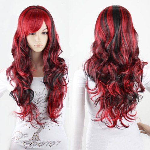 

Charming Long Black Mixed Red Shaggy Curly Side Bang Synthetic Cosplay Wig For Women, Red with black