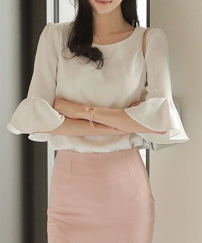 bell neck sleeve round simple blouse rosegal