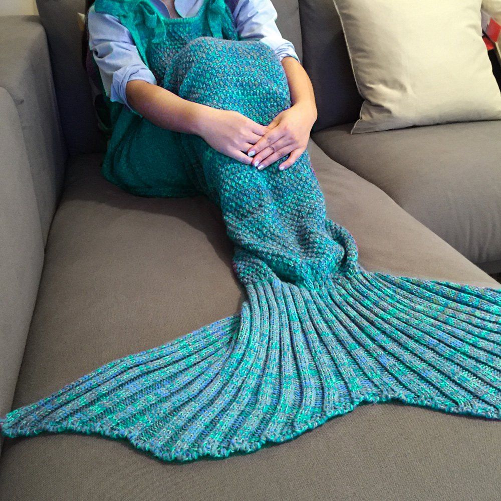

Stylish Drawstring Style Knitted Mermaid Design Sleeping Bag Blanket, Lake blue