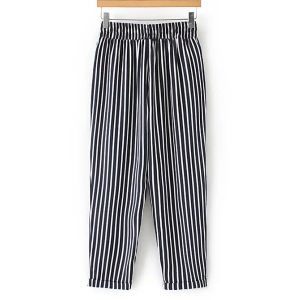 White/black S Drawstring Striped Ankle Pants | RoseGal.com