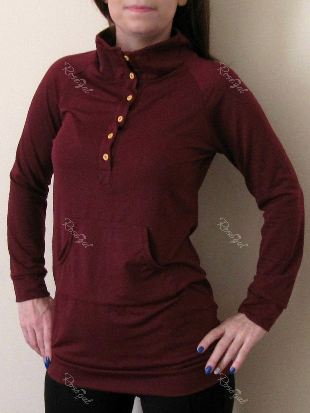 

Casual Buttoned Stand Collar Solid Color Long T-Shirt For Women, Claret