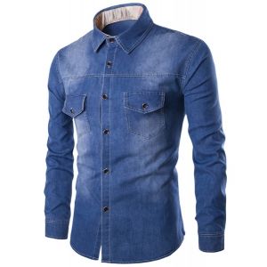 

Turn-Down Collar Pockets Design Bleach Wash Long Sleeve Denim Shirt For Men, Deep blue