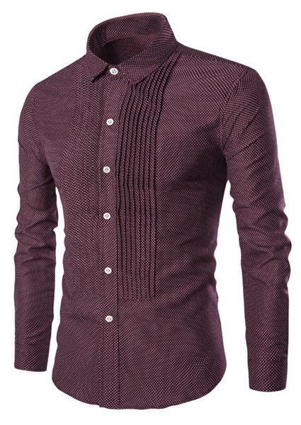 

Turn-Down Collar Wrinkle Design Polka Dot Long Sleeve Shirt For Men, Wine red