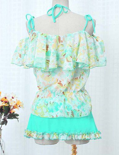 

Sweet Short Sleeves Floral Print Flouncing Four-Piece Bikini Set For Women, Green