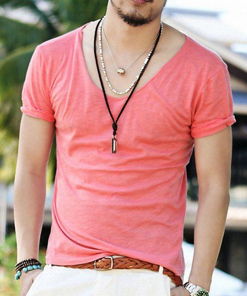 

Hot Sale V-Neck Solid Color Short Sleeves Slim Fit T-Shirt For Men, Watermelon red