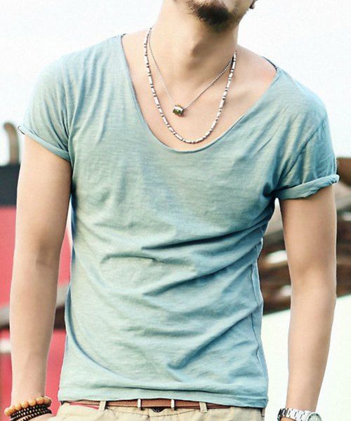 

Hot Sale V-Neck Solid Color Short Sleeves Slim Fit T-Shirt For Men, Light blue