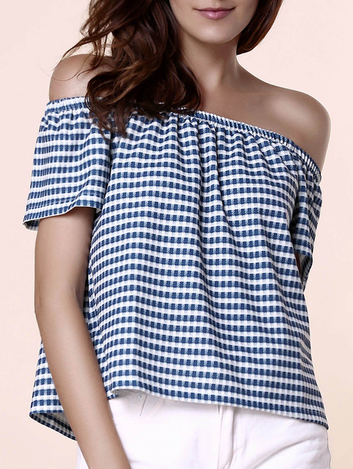 [73% OFF] Stylish Off-The-Shoulder Short Sleeve Gingham Loose T-Shirt ...