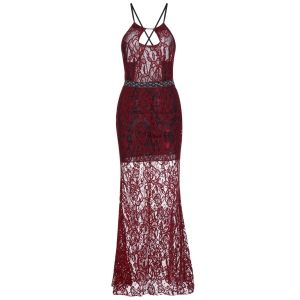 Sheer Backless Fitted Lace Maxi Prom Dress