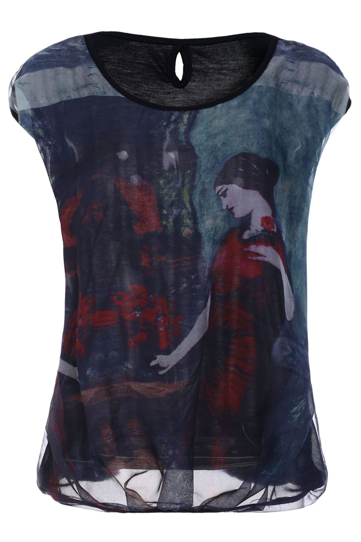 

Vintage Style Scoop Collar Short Sleeve Figure Print Plus Size Chiffon T-Shirt For Women, Blackish green