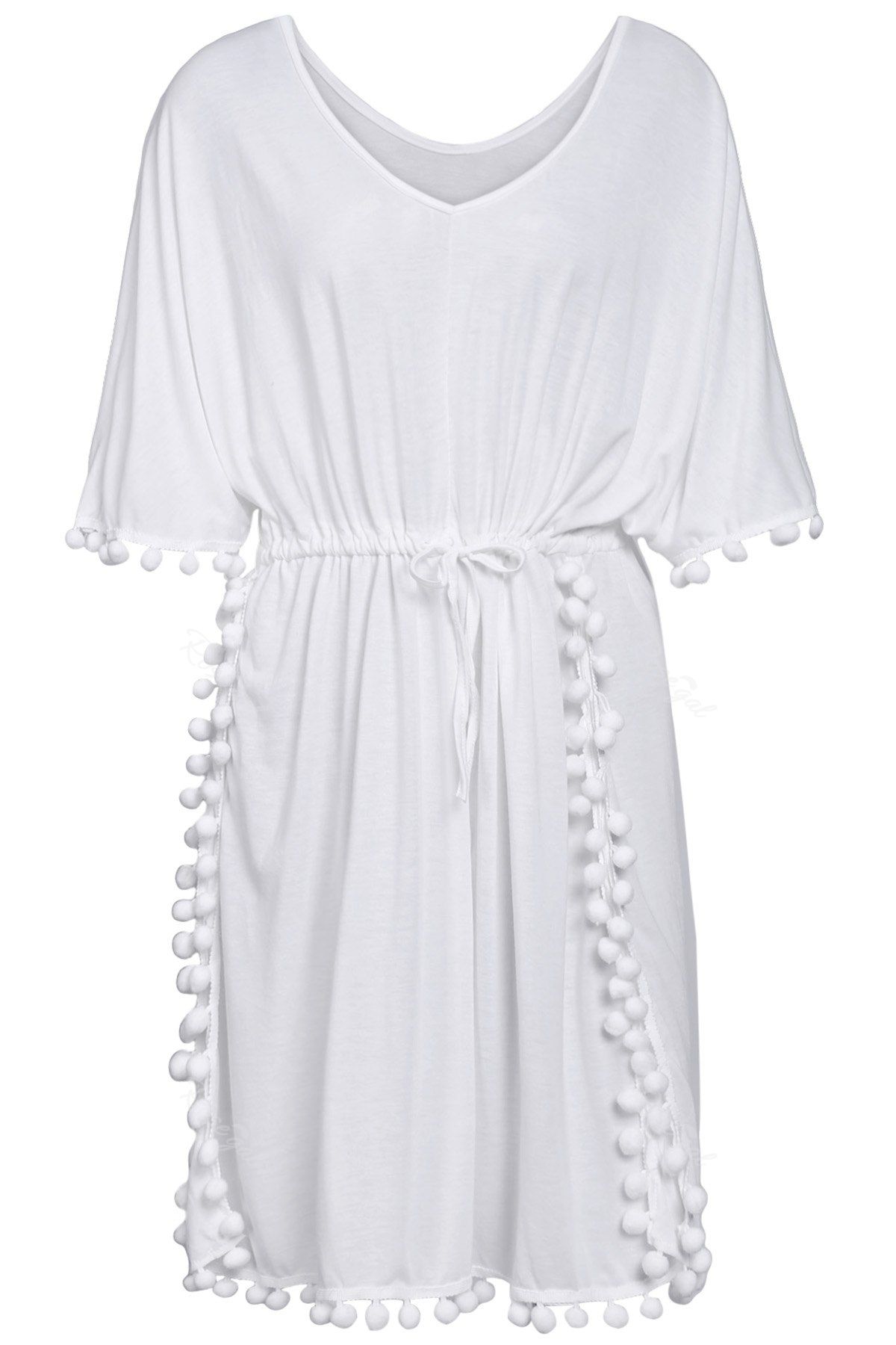 

Stylish Plunging Neck Half Sleeve Drawstring Plus Size Women's Dress, White