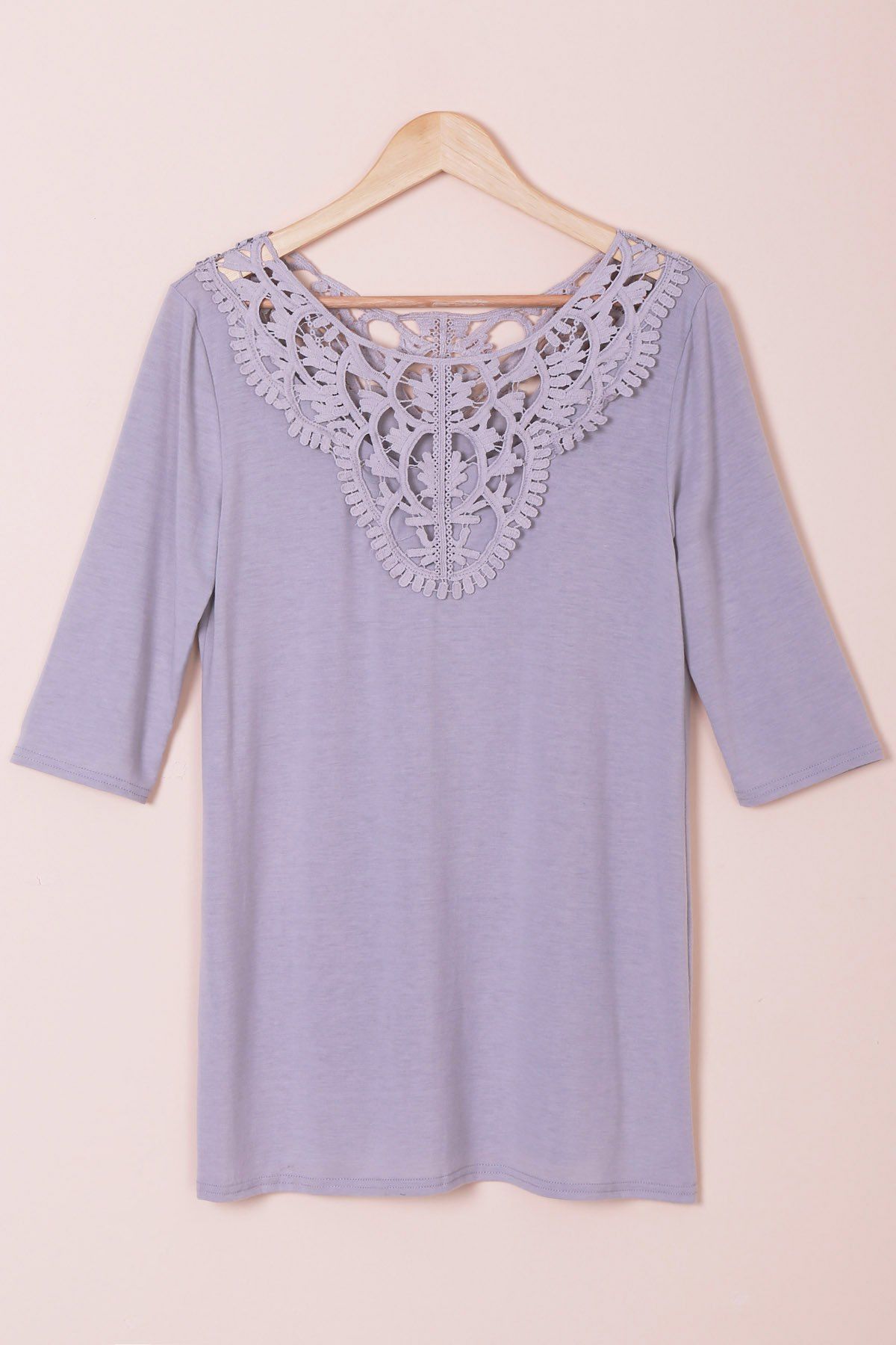 

Attractive Solid Color Hollow Out Crochet 3/4 Sleeve T-Shirt For Women, Gray