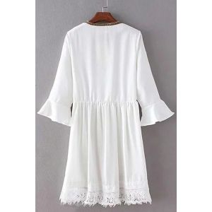 White M Elegant V-neck Lace Fringed Bell Sleeve Knee-length Dress For ...