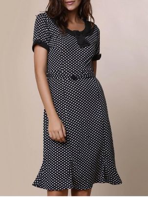 Vintage Scoop Neck Short Sleeve Polka Dot Women's Fishtail Mermaid Dress