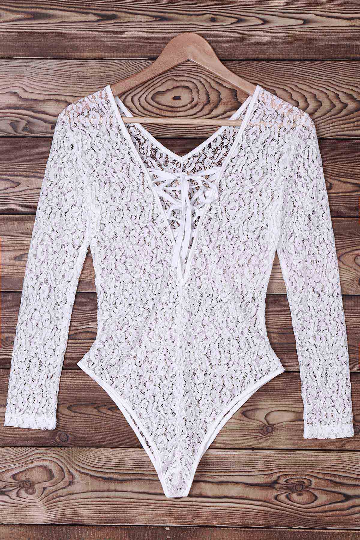 White S Sexy Long Sleeve Lace Up Hollow Out Lace Swimwear For Women