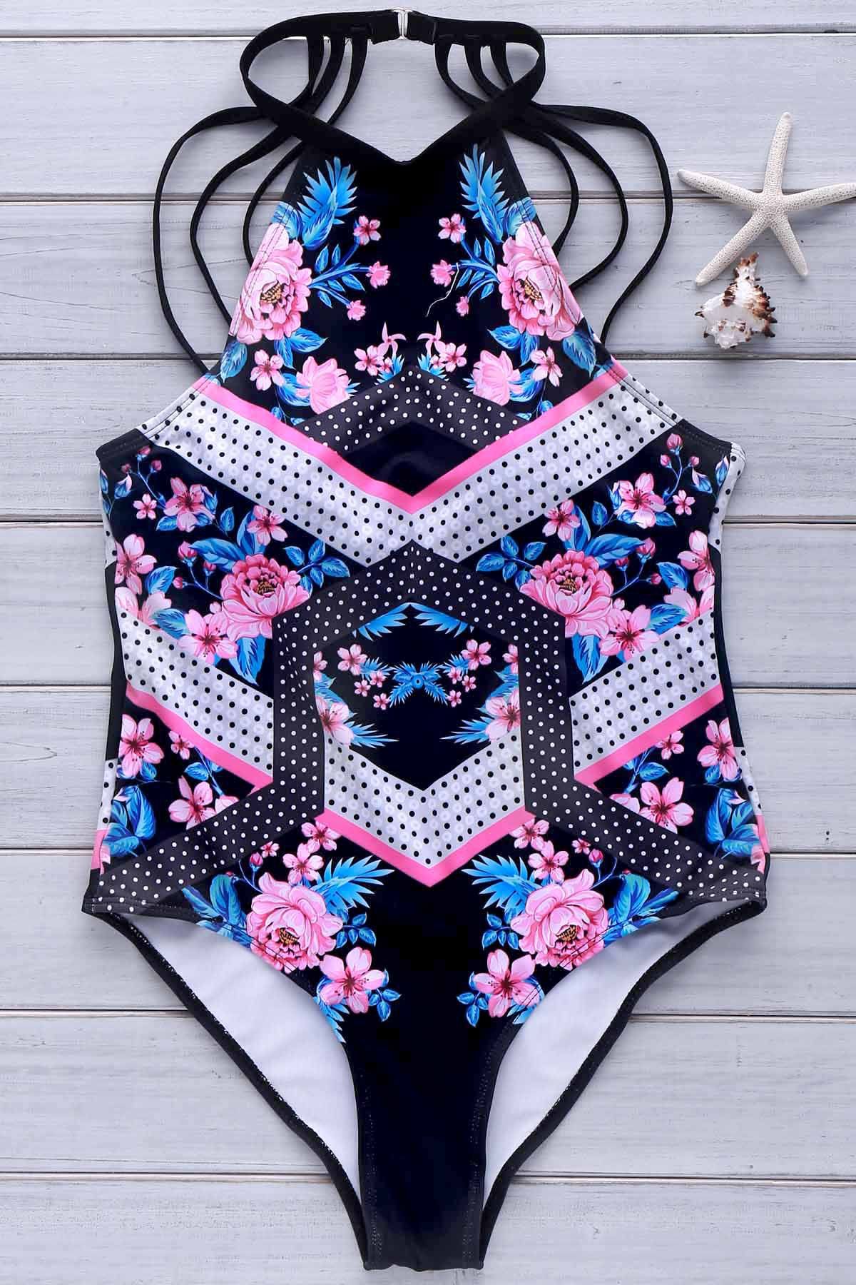 Cheap Sexy Round Neck Sleeveless Floral Print One-piece Swimwear For Women  