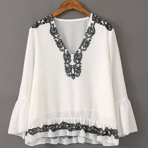 [24% OFF] Graceful V Neck Flare Sleeve Embroidered Chiffon Blouse For ...