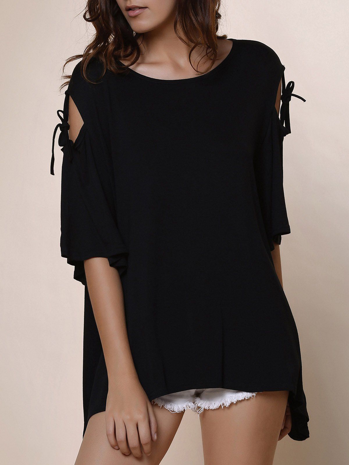 [65 OFF] Fashionable Scoop Neck Cut Out Solid Color Short Sleeve T