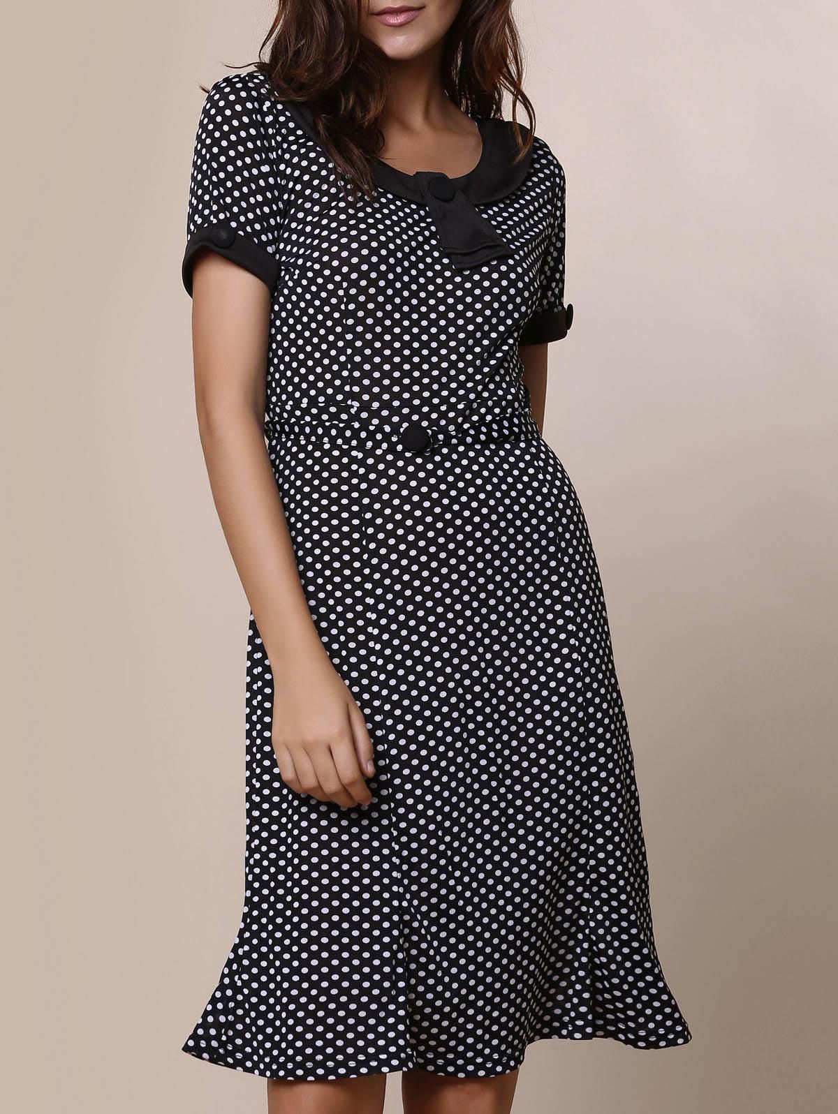 

Vintage Scoop Neck Short Sleeve Polka Dot Women' Fishtail Mermaid Dress, Black
