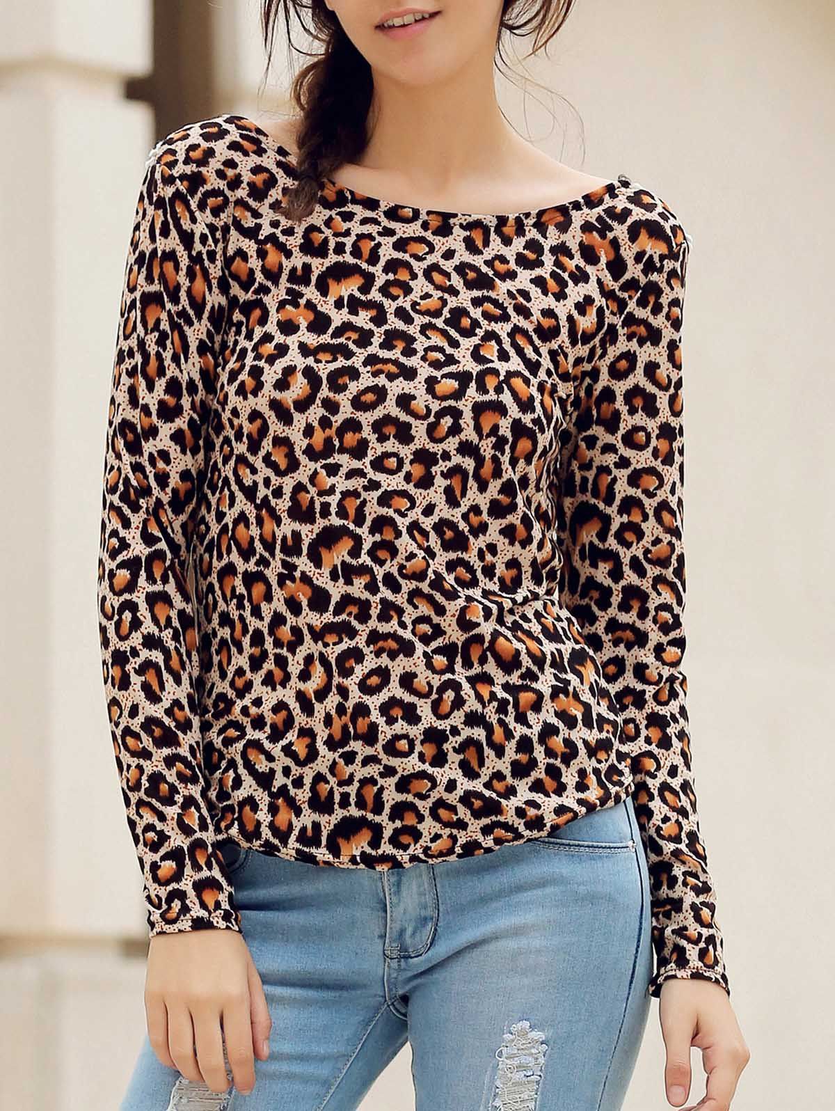 [53 Off] Stylish Round Neck Long Sleeve Leopard Print Backless Women S T Shirt Rosegal