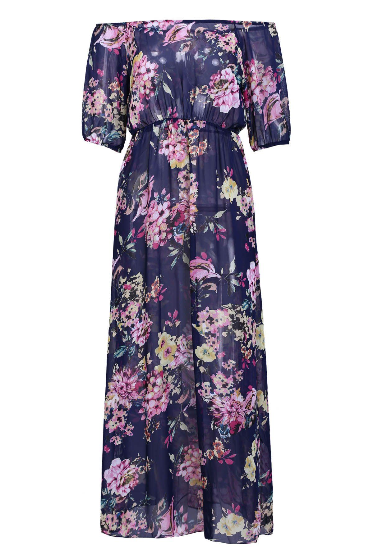 [76% OFF] Maxi Floral Print See-Through Dress | Rosegal