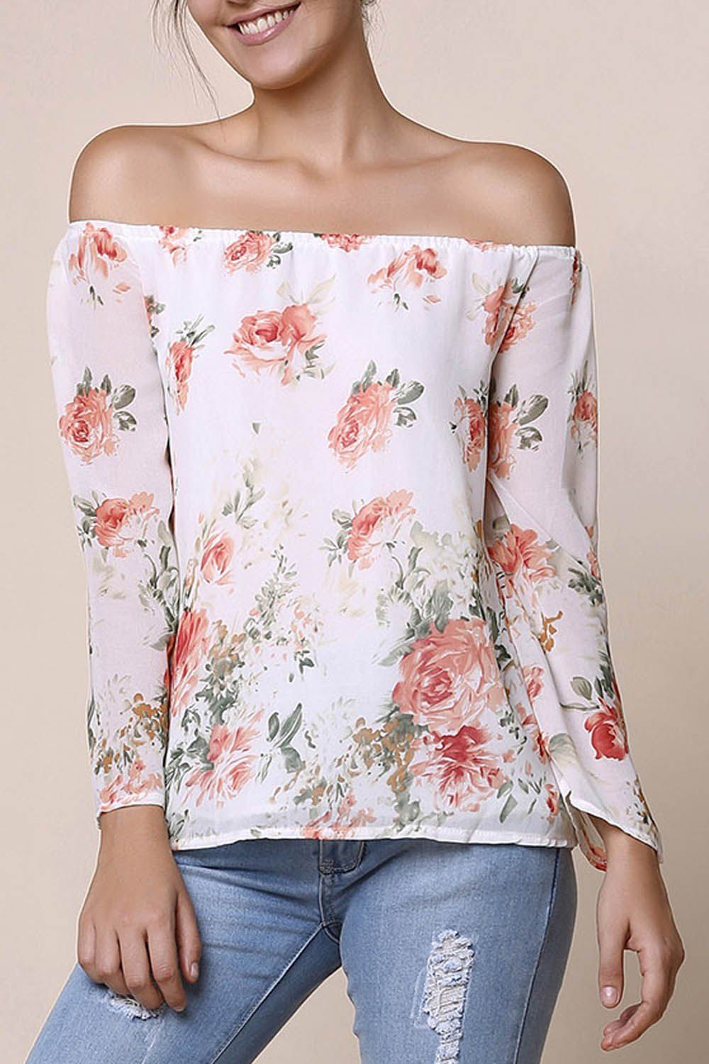 Navy Floral Print Off The Shoulder Long Sleeves Blouses