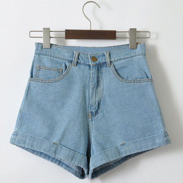 Light Blue S Casual High Waist Loose Fitting Solid Color Denim Shorts ...