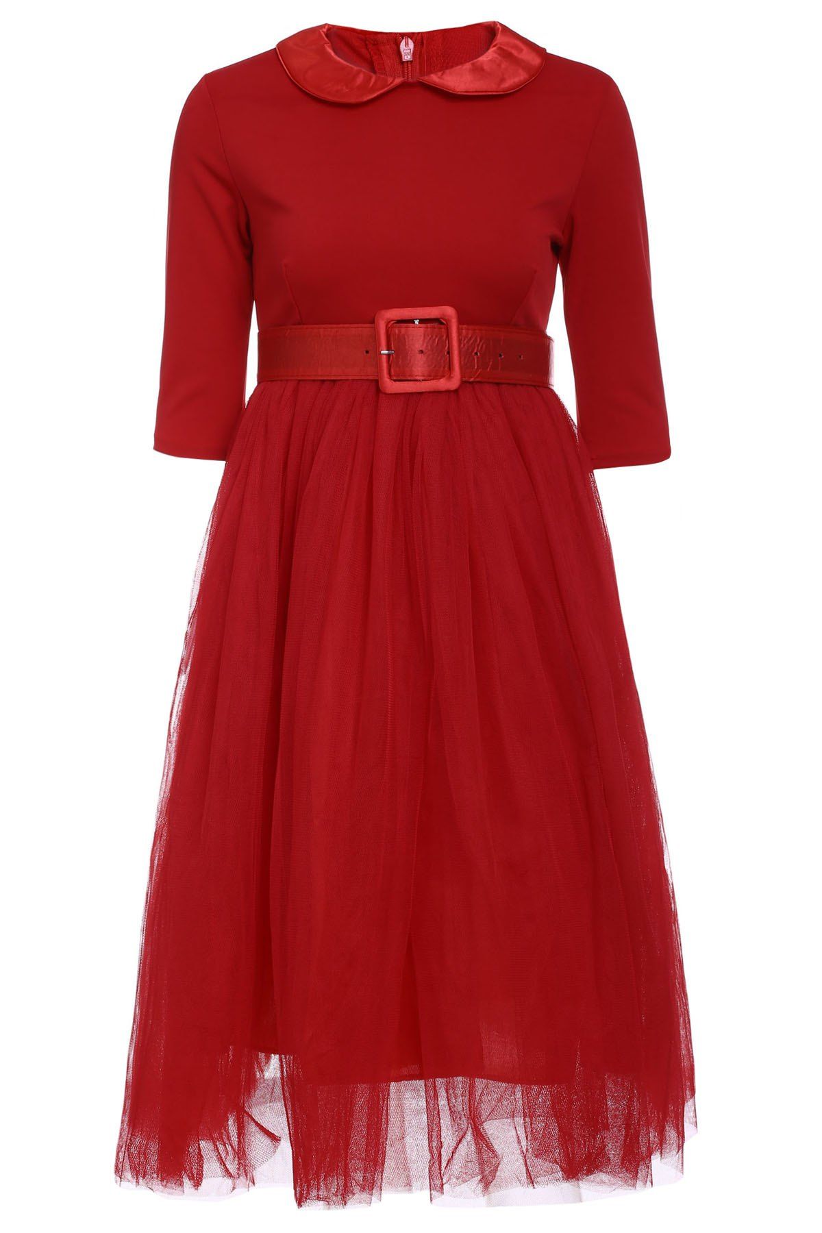

Peter Pan Collar Long Sleeve A-Line Midi Dress, Red
