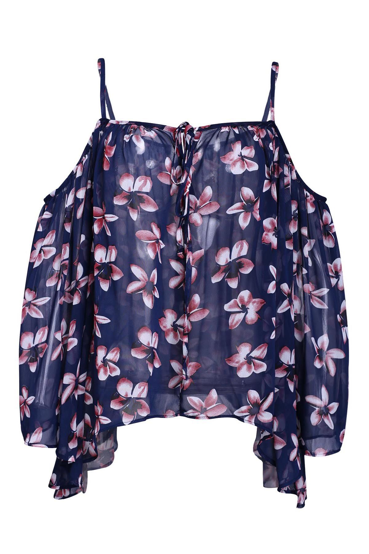 

Chic Spaghetti Strap Batwing Sleeve Floral Print Women's Blouse, Black