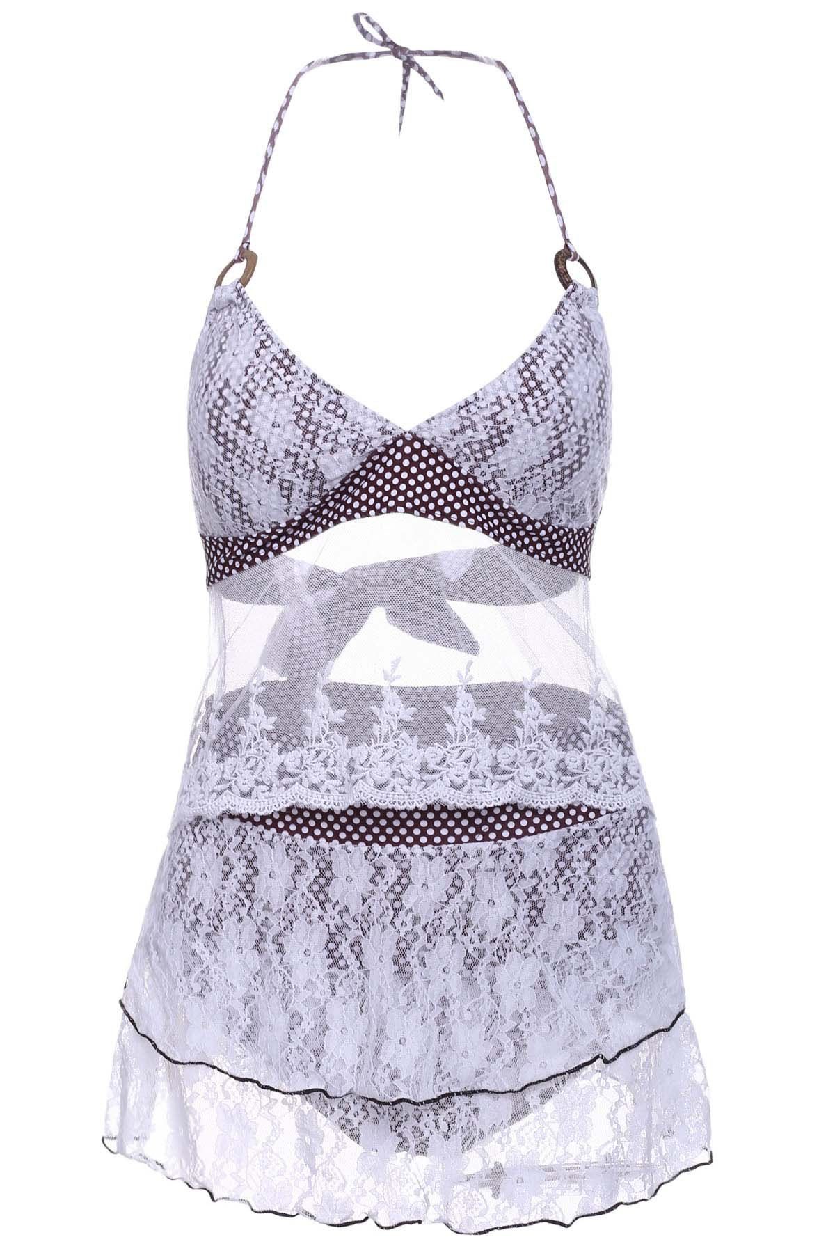 

Chic Halter Lace Splicing Three Piece Swimwear For Women, Colormix