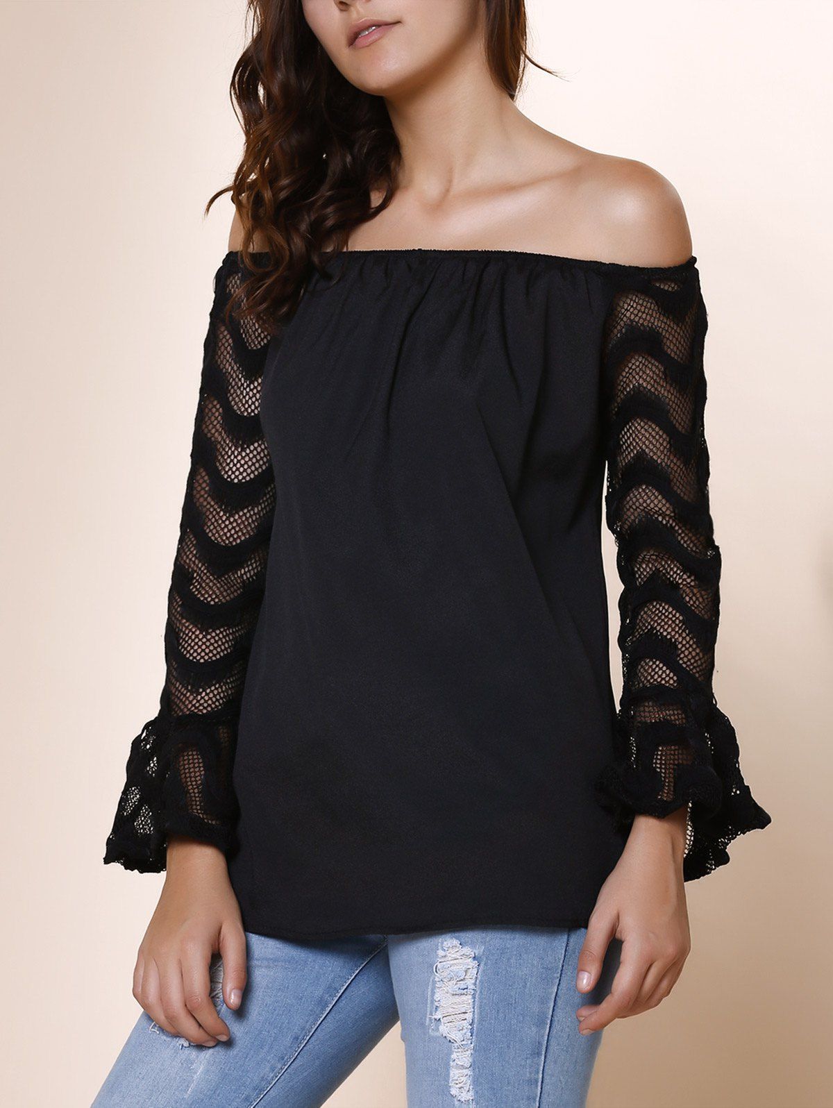 [34% OFF] Fashionable Off-The-Shoulder Lace Spliced Sleeve Black T ...