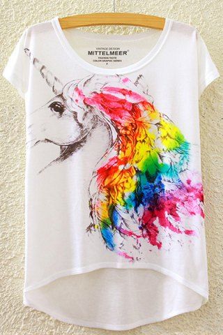Outfit Rainbow Unicorn Print High-Low T-Shirt  