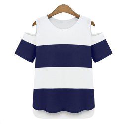 Chic Color Block Striped épaule détouré en mousseline de soie T-shirt pour les femmes - Bleu Violet 2XL